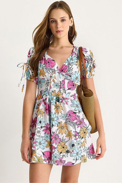 Bianco Lucci Women's Floral Patterned Bow Detailed Mini Dress 602 60283503