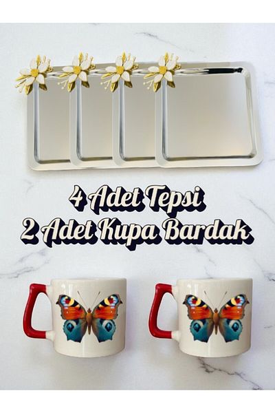 lili hediyelik 4-Piece Daisy Tray Coffee Presentation Tray 21X21 cm - 2-Piece Butterfly Coffee Cup Mug Cup
