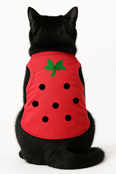 Buddy Store ملابس قطط - قميص داخلي أحمر مطبوع عليه فراولة - مقاس XL