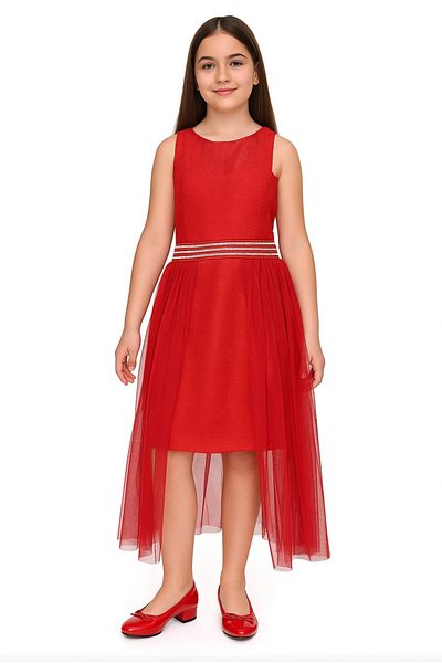 MENSİS Girl's Back Elastic Zipper and Button Closure Stone Belt Guipure over Tulle Dress