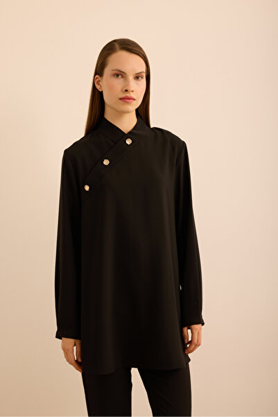 Aker Yakası Asimetrik , Metal Düğme Detaylı Dokuma Tunik