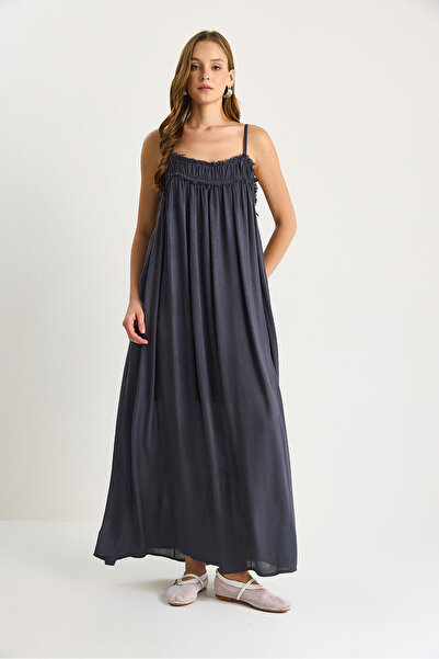 Bianco Lucci Women's Thin Strap Gathered Pocket Detailed Lined Thin Cotton Dress 60283512