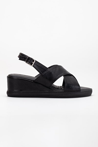 Dilimler Ayakkabı Women's Wedge Heeled Shoes Sandals Black Cross Strap Faux Leather