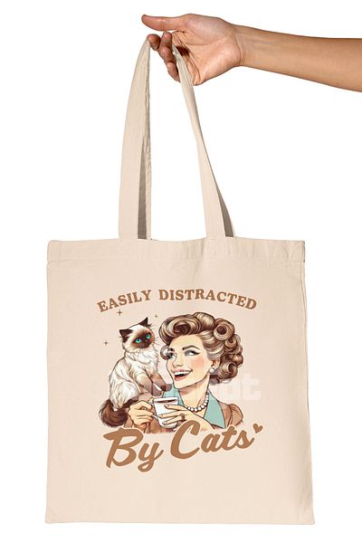giftkonsept Easily Distracted by Cats Written Cat Lover Printed Gift Organic Raw Cloth Bag