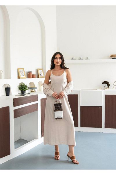 FMN Collection Midi Length Casual Stylish Dress Button Design Shirt Hijab Compatible Multiple Double Suit Strap Loose Fit