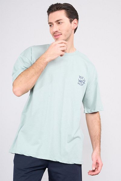 Çetinkaya Chester Polo 3842 Crew Neck 30/1 Combed Cotton Oversize Printed T-Shirt Dark Çağla