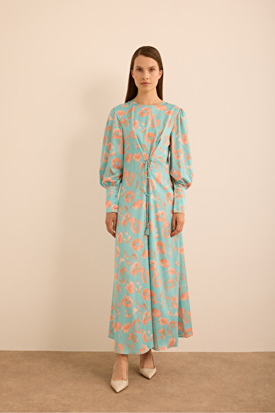 Aker Çiçek Desenli Beli Bağlama Detaylı Elbise