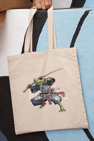 giftkonsept Samurai Frog 2 Printed Japanese Figure Anime Manga Printed Gift Organic Raw Cloth Bag