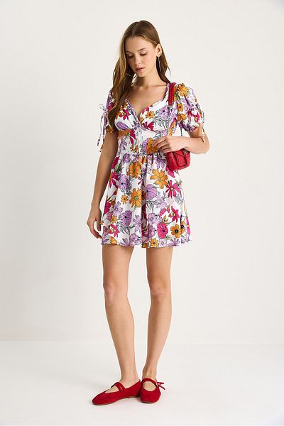 Bianco Lucci Women's Floral Patterned Bow Detailed Mini Dress 602 60283503