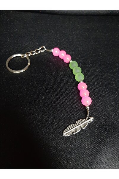 MRYart سلسلة مفاتيح من الخرز الزجاجي الوردي وحجر اليشم – على شكل ريش، مصنوعة ...