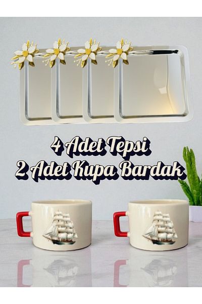 lili hediyelik 4-Piece Daisy Tray Coffee Presentation Tray 21X21 cm - Small Coffee Cup Mug with 2 Ships