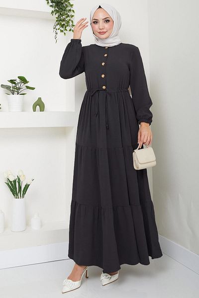 hafsamina Ayrobin Dress with Gathered Buttons Anthracite Hm8811