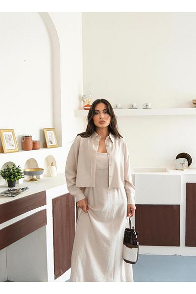FMN Collection Midi Length Casual Stylish Dress Button Design Shirt Hijab Compatible Multiple Double Suit Strap Loose Fit