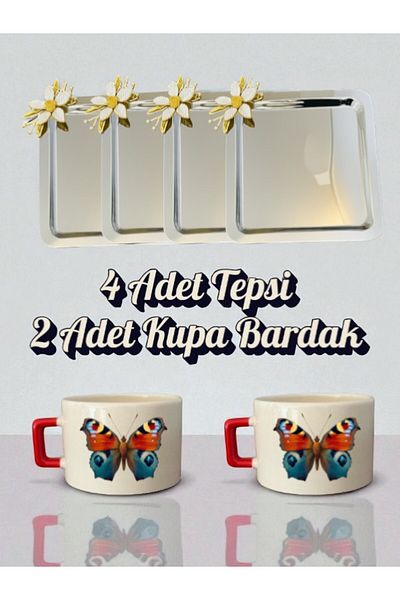 lili hediyelik 4-Piece Daisy Tray Coffee Presentation Tray 21X21 cm - 2-Piece Butterfly Small Coffee Cup Mug