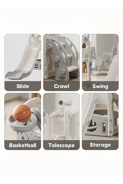 Sheinhome مجموعة زحليقة وأرجوحة للأطفال 5 في 1 مع حلقة كرة سلة ومساحة تخزين، تلسكوب، زحليقة للأطفال الصغار