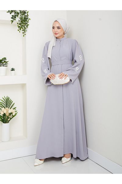 MY QILAM Number 10 Fashion Tested Clothing Sleeve Flower Embroidery Detail Ferace Evening Dress Gray 10Nmr4001