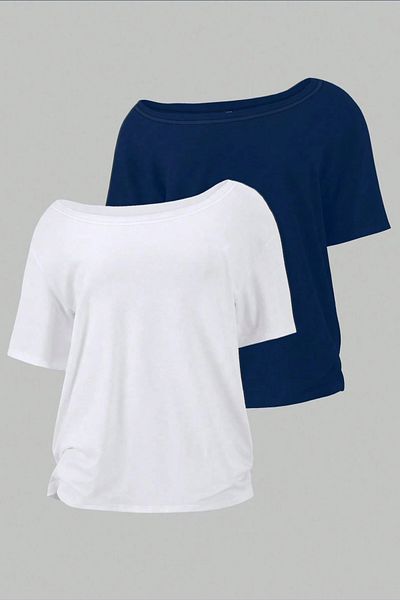 Tarz Cool Navy Blue White 2-Pack Women's Off Shoulder Boat Neck Oversize T-Shirt