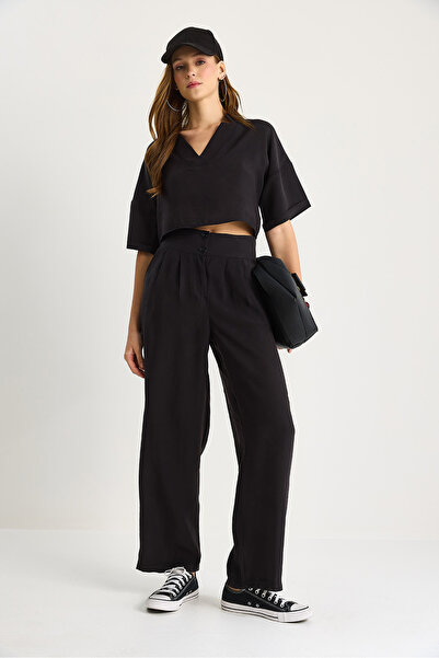 Bianco Lucci Women's V-Neck Crop Double Button Pants Modal Bottom-Top Suit 9330-1 60283505