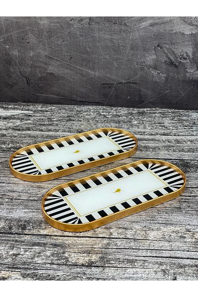YzHome 2-Person Gold Detailed Black Presentation Serving Tray Patterned Tray Decorative Oval