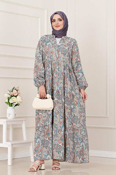 Sevitli Shawl Pattern Half Button Robe Dress-Grey