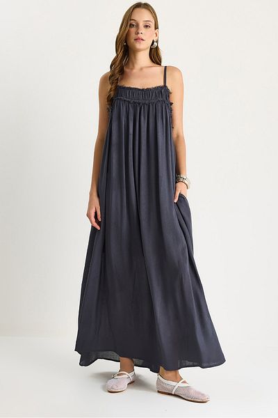Bianco Lucci Women's Thin Strap Gathered Pocket Detailed Lined Thin Cotton Dress 60283512