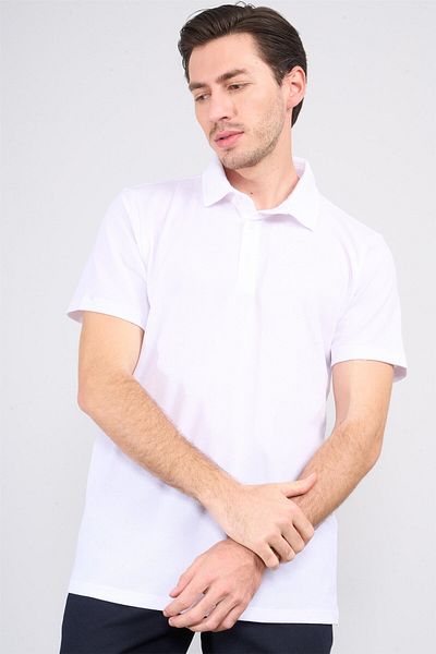Çetinkaya Chester Polo 4249 Men's Footed Polo Neck Honeycomb Knit Regular T-Shirt White
