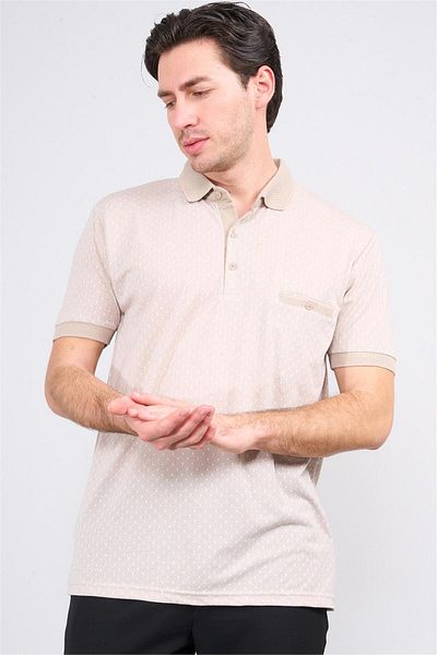 Mentality 3774 Men's Polo Collar Houndstooth Pattern T-Shirt Dark Beige-Light Beige