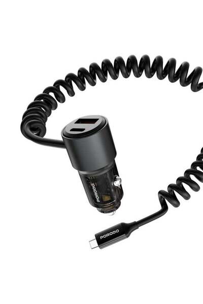 porodo شاحن سيارة بقوة 110 وات، منافذ USB-A+C، مدخل 12-24 فولت، كابل زنبركي ب...