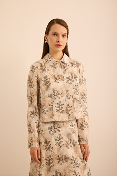 Aker Yaprak Desenli Keten Kısa Ceket