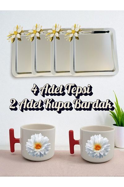 lili hediyelik 4-Piece Daisy Tray Coffee Presentation Tray 21X21 cm - 2-Piece Daisy Red Coffee Cup with Handles