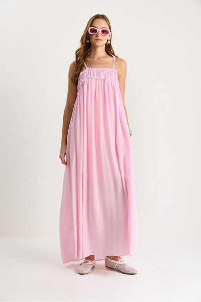 Bianco Lucci Kadın İnce Askılı Büzgülü Cep Detaylı Astarlı İnce Pamuklu Elbise 60283512