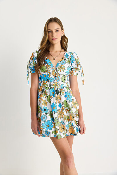 Bianco Lucci Kadın Çiçek Desenli Fiyonk Detaylı Mini Elbise 602 60283503