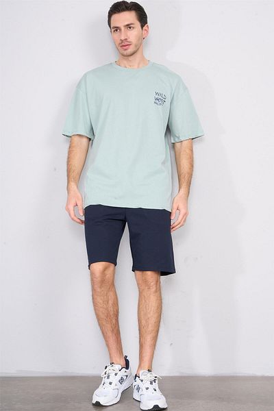 Çetinkaya Chester Polo 3842 Crew Neck 30/1 Combed Cotton Oversize Printed T-Shirt Dark Çağla