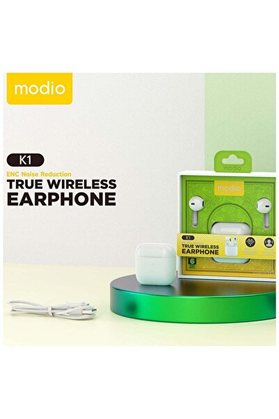 Modio سماعات أذن لاسلكية حقيقية K1 بخاصية إلغاء الضوضاء - بيضاء