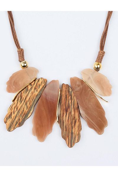 Jimmy Key Brown Wooden Look Leaf Figured Necklace