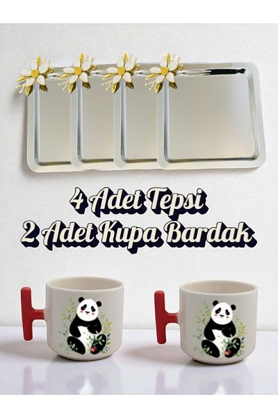 lili hediyelik 4-Piece Daisy Tray Coffee Presentation Tray 21X21 cm - 2-Piece Panda Red Handled Coffee Cup