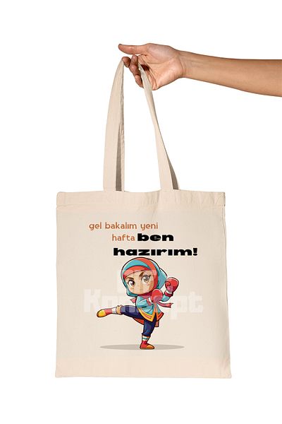 giftkonsept Let's See What's New This Week I'M Ready - Printed Gift Organic Raw Cloth Bag with Hijab Girl Figure