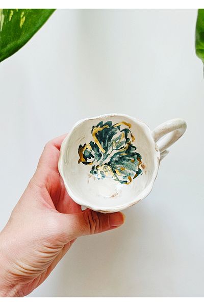 WEBBMODA Handmade Green Flower Gilded Coffee Cup