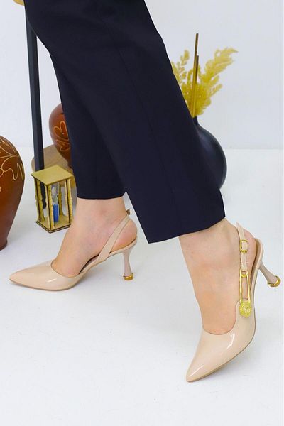 Weynes Pantofi de damă din piele lacuită bej zilnic cu toc clasic de 7 cm WSB3086