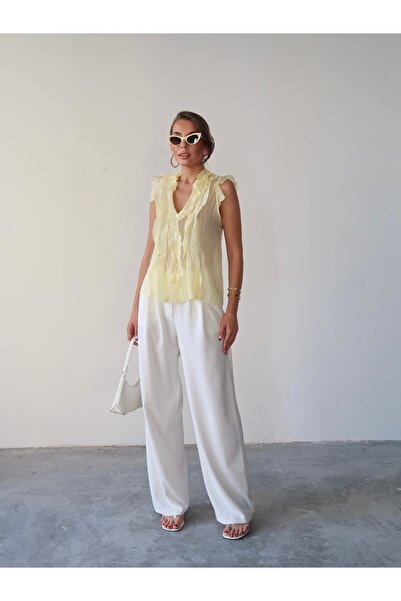 Lusin Women's Luxury Quality Ruffled Sleeveless Transparent Shirt