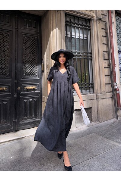 CARLA MARA فستان كاجوال أسود بأكمام مزدوجة ورقبة على شكل حرف V