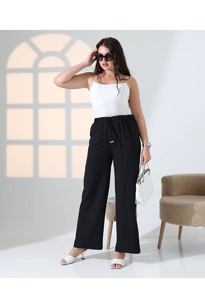 aytenli High Waist Elastic Lace-Up Waist Wrinkled Cotton Seersucker Palazzo Pants