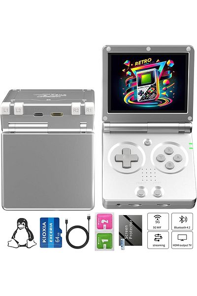 ANBERNIC جهاز ألعاب محمول RG35XXSP - ذاكرة وصول عشوائي (RAM) سعة 64 جيجابايت، شاشة 3.5 بوصة، واي فاي/بلوتوث، بطارية 3300 مللي أمبير/ساعة، شبكة 5G