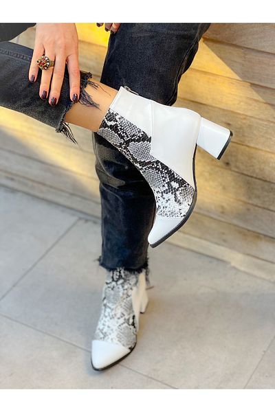 BERFONA Lora White Leather Snake Skin Detail 5 cm Heel Boots