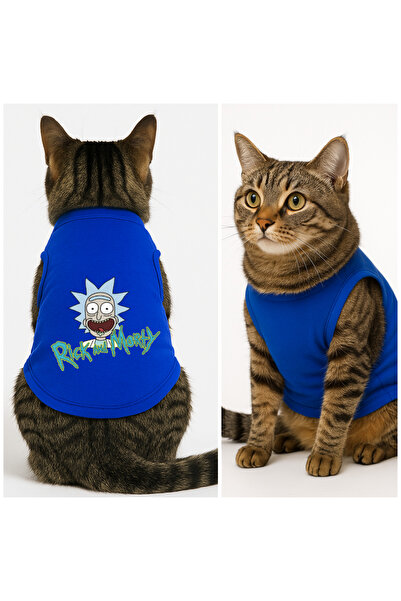 Buddy Store Kedi Kıyafeti Elbiseleri Atlet - Rick And Morty Baskılı Saks Mavi...