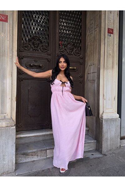 CARLA MARA فستان من الكتان بتفاصيل ربط على الصدر باللون الوردي