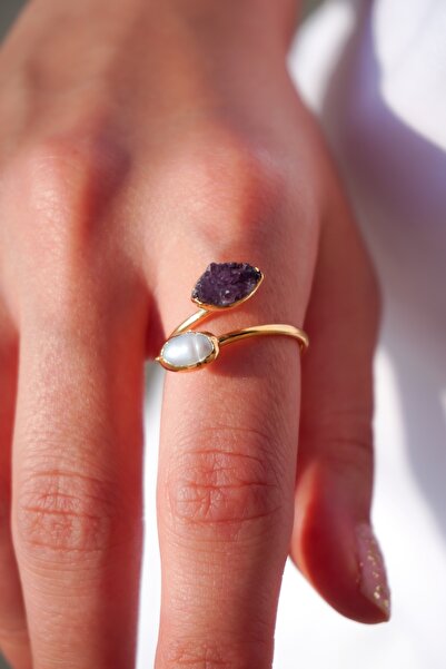 Rumon Ametist ve Barok İnci Doğal Taş Altın Kaplama Pirinç El Yapımı Yüzük