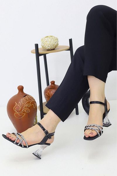 OBAY LİFE Women's Black Double Knitted Model Classic Transparent Heeled Shoes Nbr3084