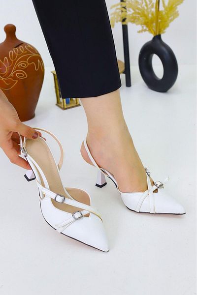 Weynes Women's White Double Belt Daily 7 cm Classic Heeled Shoes Wsb3088