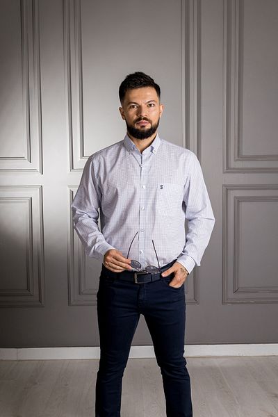 Sarar Cămașă Eleta Classic Fit 100% bumbac mic în carouri alb albastru cu buzunare